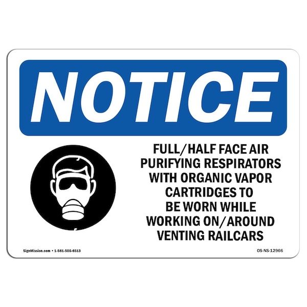 Safety Sign, OSHA Notice, 12" Height, FullHalf Face Air Purifying Sign With Symbol, Landscape